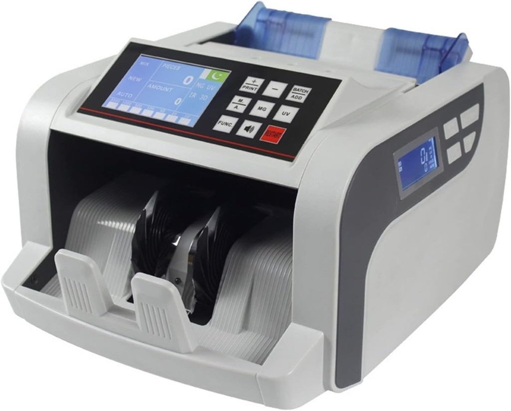 Máquina contadora de billetes gris.